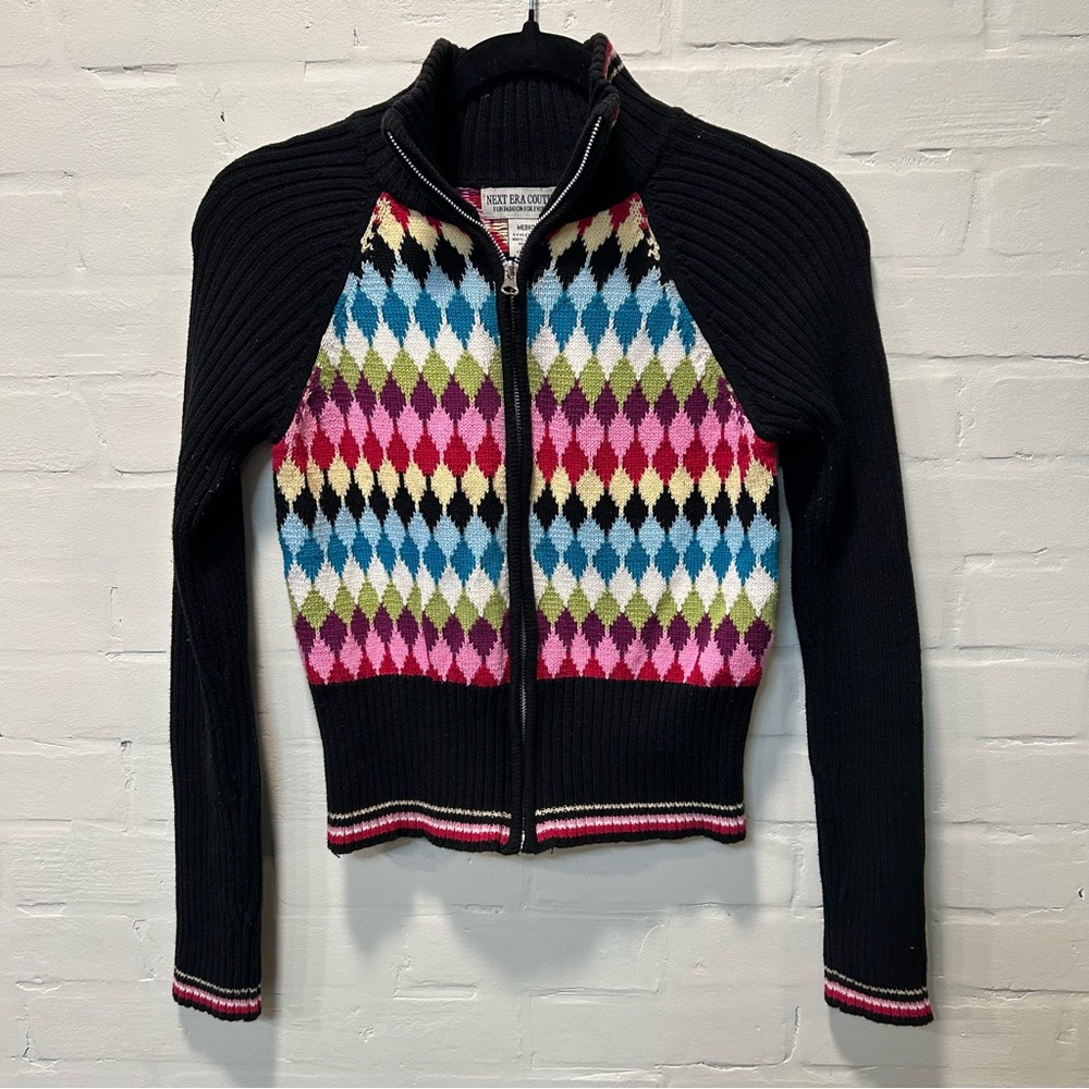 Black Argyle Zip-Front Women's Cardigan Sweater